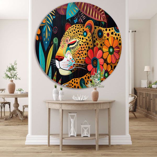 Kleurrijk schilderij van luipaard en bloemen forex muurcirkel