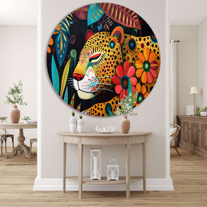 Kleurrijk schilderij van luipaard en bloemen forex muurcirkel