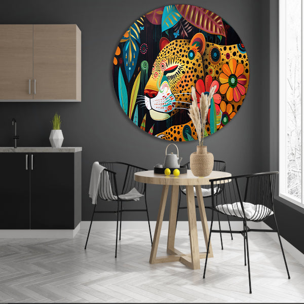 Kleurrijk schilderij van luipaard en bloemen aluminium muurcirkel