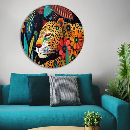 Kleurrijk schilderij van luipaard en bloemen forex muurcirkel