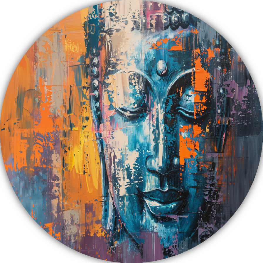 Moderne abstracte interpretatie van Boeddha in kleur aluminium muurcirkel