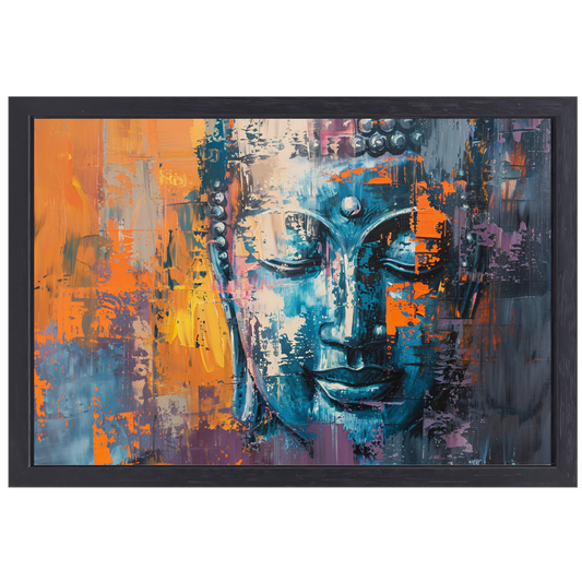 Moderne abstracte interpretatie van Boeddha in kleur canvas met baklijst