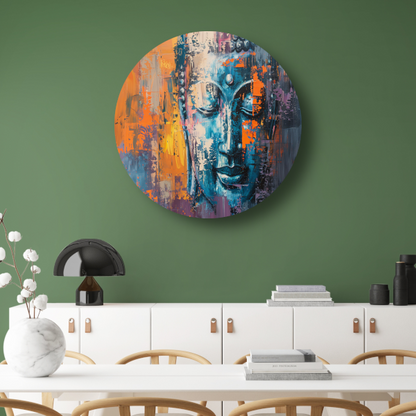 Moderne abstracte interpretatie van Boeddha in kleur aluminium muurcirkel