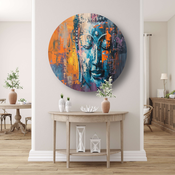 Moderne abstracte interpretatie van Boeddha in kleur aluminium muurcirkel