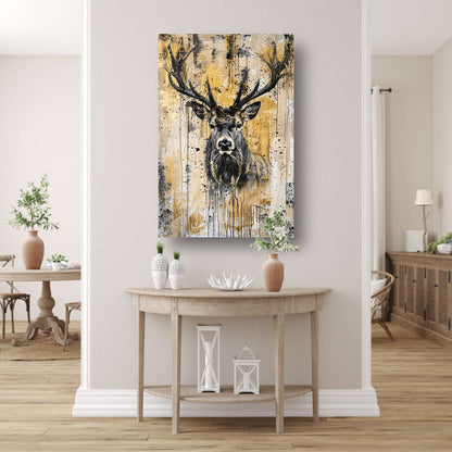 Abstract hertenportret met dynamische verfspetters canvas met baklijst