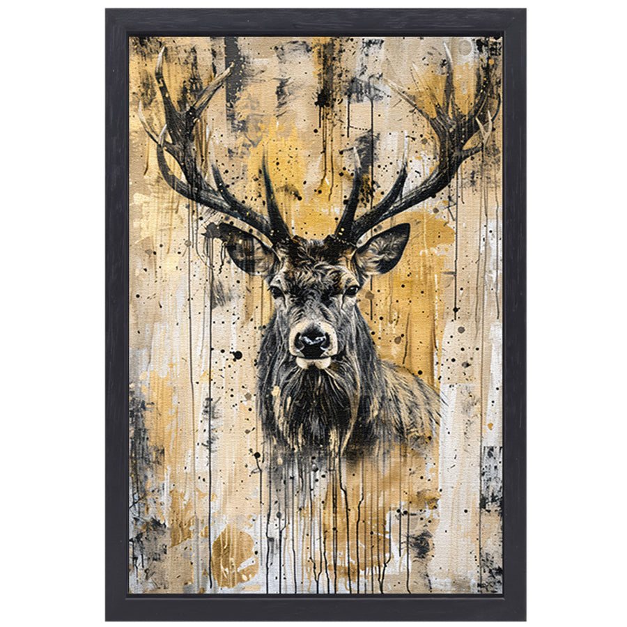 Abstract hertenportret met dynamische verfspetters canvas met baklijst