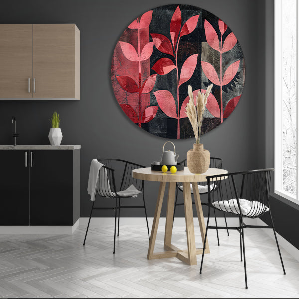 Abstracte kunst met rode bladeren op zwart forex muurcirkel