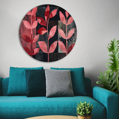 Abstracte kunst met rode bladeren op zwart aluminium muurcirkel