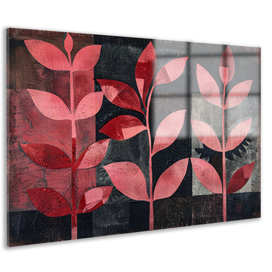 Abstracte kunst met rode bladeren op zwart acrylglas