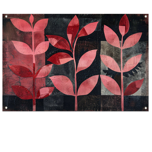 Abstracte kunst met rode bladeren op zwart tuinposter