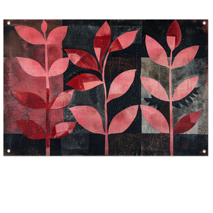 Abstracte kunst met rode bladeren op zwart tuinposter