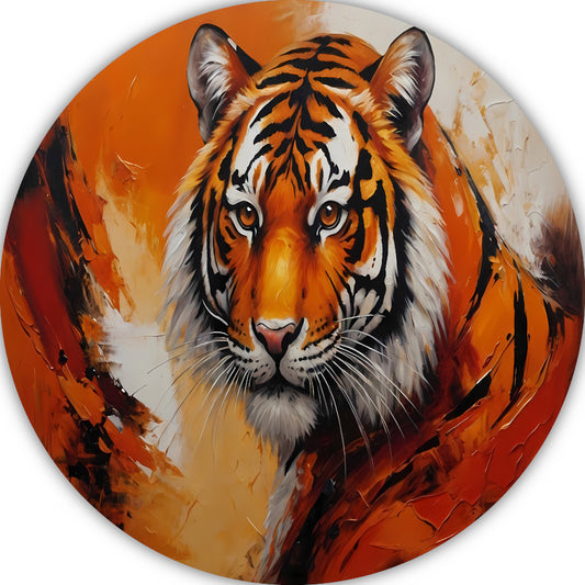 Oranjerood Schilderij van een Majestueuze Tijger aluminium muurcirkel