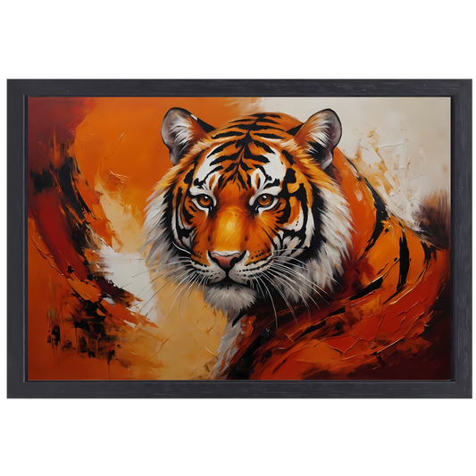 Oranjerood Schilderij van een Majestueuze Tijger canvas met baklijst