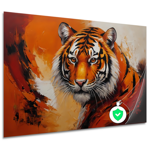 Oranjerood Schilderij van een Majestueuze Tijger poster