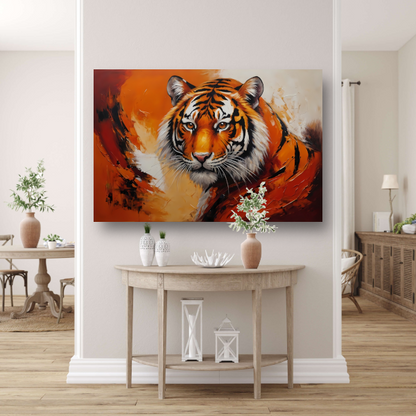 Oranjerood Schilderij van een Majestueuze Tijger poster