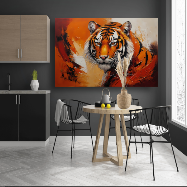 Oranjerood Schilderij van een Majestueuze Tijger poster