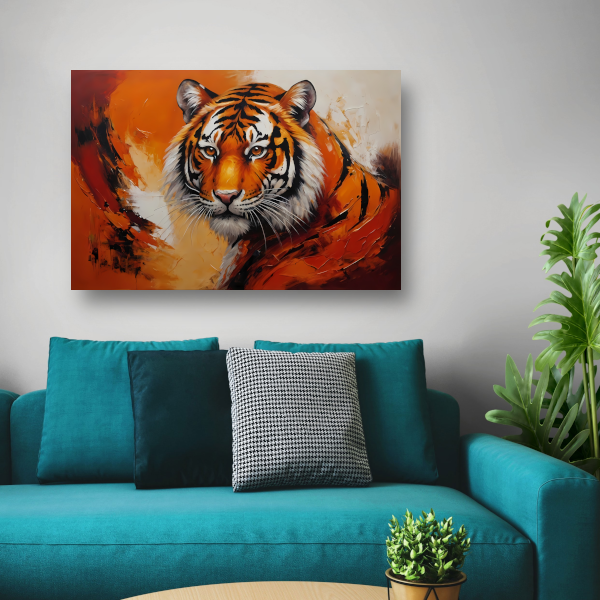 Oranjerood Schilderij van een Majestueuze Tijger poster