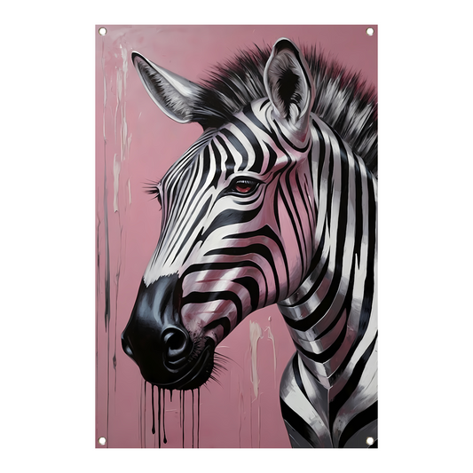 Dynamische zebra op roze met zilveren druppels tuinposter