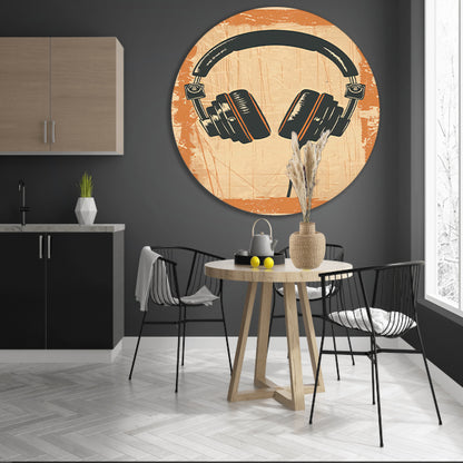 Vintage Hoofdtelefoon op Gekleurde Achtergrond aluminium muurcirkel