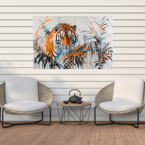 Dynamisch schilderij van tijger in kleur tuinposter