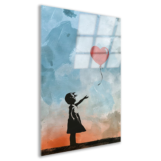Silhouet van meisje met rode hartvormige ballon acrylglas