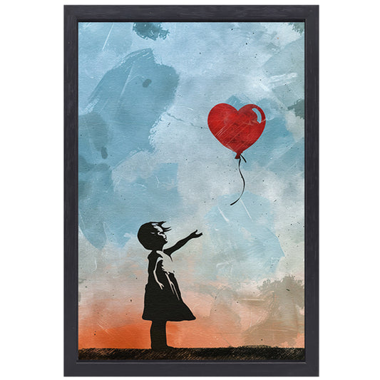 Silhouet van meisje met rode hartvormige ballon canvas met baklijst