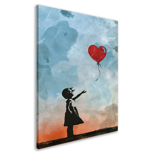 Silhouet van meisje met rode hartvormige ballon canvas