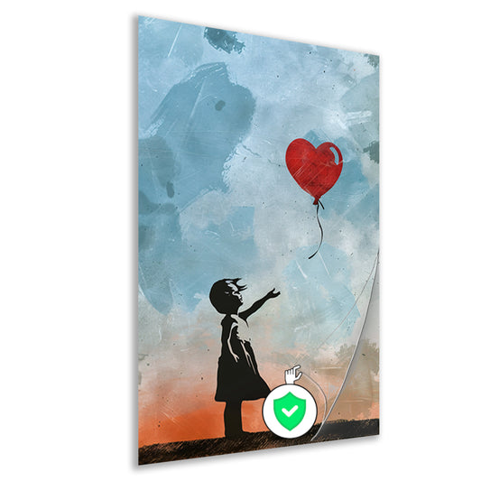 Silhouet van meisje met rode hartvormige ballon poster