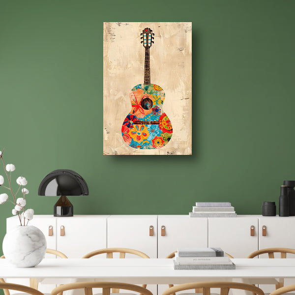 Kleurrijk Gitaar Met Bloemen canvas met baklijst