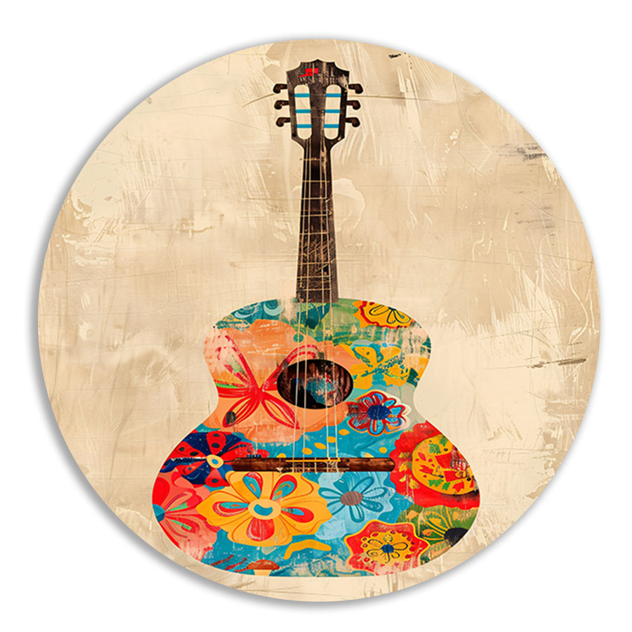 Kleurrijk Gitaar Met Bloemen aluminium muurcirkel