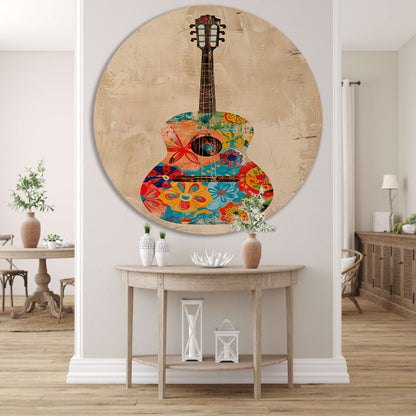 Kleurrijk Gitaar Met Bloemen aluminium muurcirkel