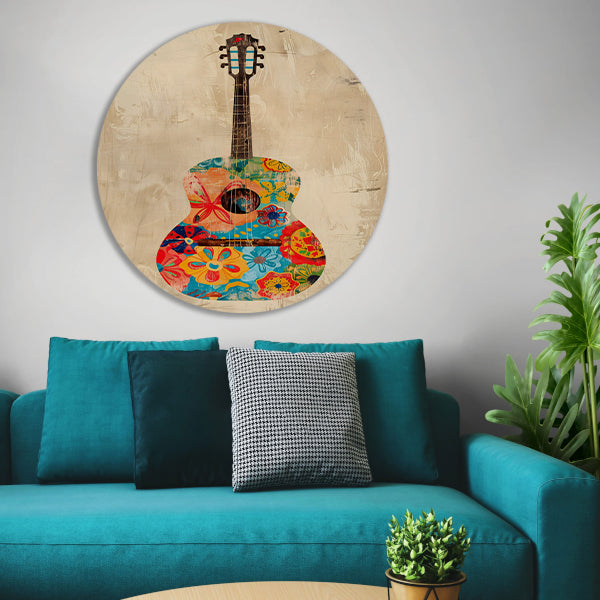 Kleurrijk Gitaar Met Bloemen aluminium muurcirkel