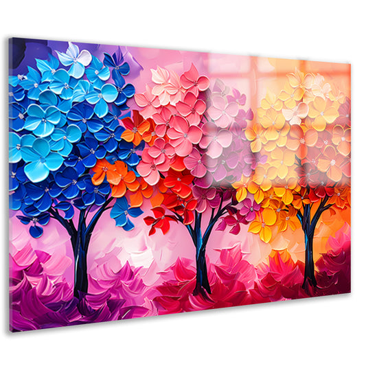 Kleurrijke abstracte bomen en bloemen schilderij acrylglas