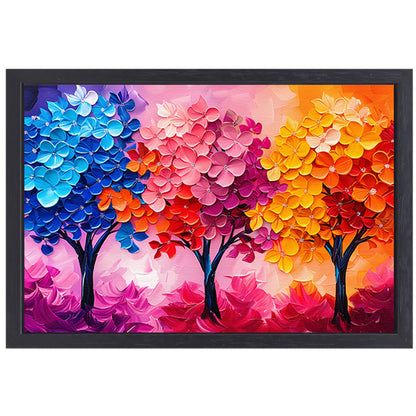 Kleurrijke abstracte bomen en bloemen schilderij canvas met baklijst