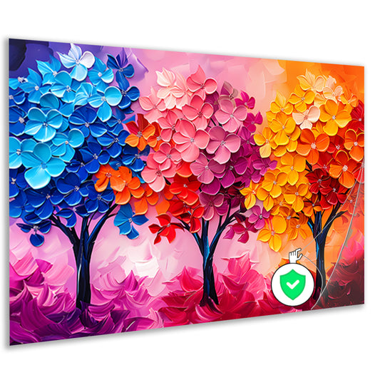 Kleurrijke abstracte bomen en bloemen schilderij poster