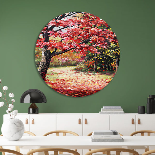 Abstract schilderij van herfstlandschap aluminium muurcirkel