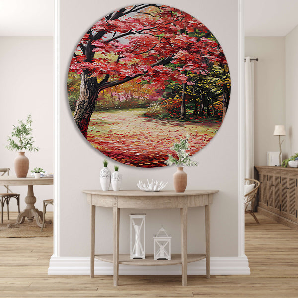 Abstract schilderij van herfstlandschap aluminium muurcirkel