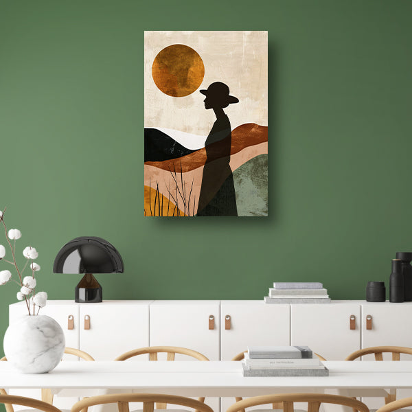 Vrouwelijk silhouet met abstracte natuur en warme kleuren acrylglas