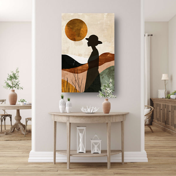 Vrouwelijk silhouet met abstracte natuur en warme kleuren poster