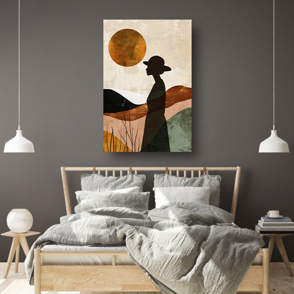 Vrouwelijk silhouet met abstracte natuur en warme kleuren canvas