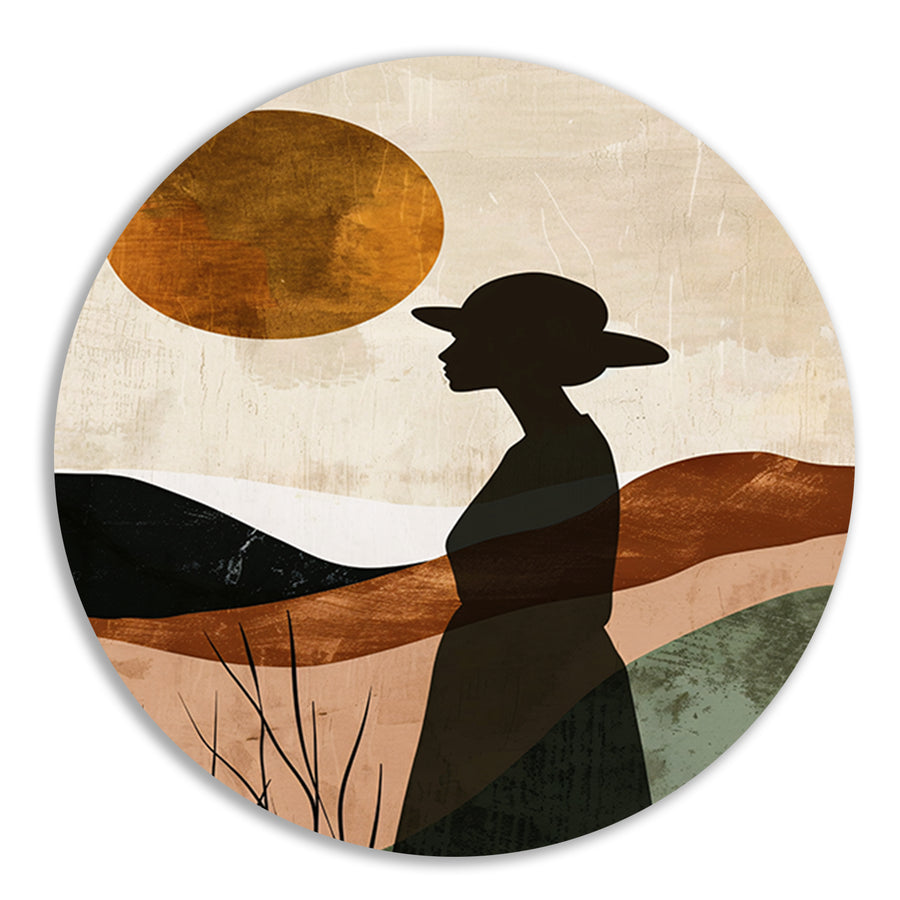 Vrouwelijk silhouet met abstracte natuur en warme kleuren forex muurcirkel