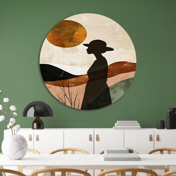 Vrouwelijk silhouet met abstracte natuur en warme kleuren aluminium muurcirkel