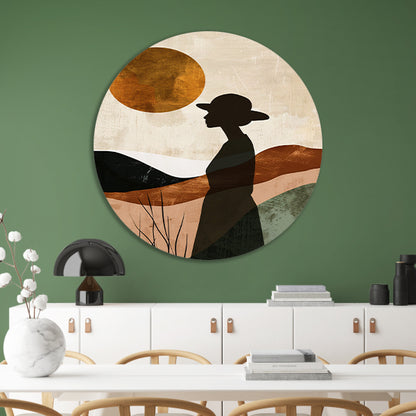 Vrouwelijk silhouet met abstracte natuur en warme kleuren aluminium muurcirkel
