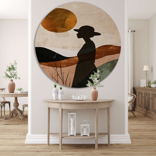 Vrouwelijk silhouet met abstracte natuur en warme kleuren aluminium muurcirkel