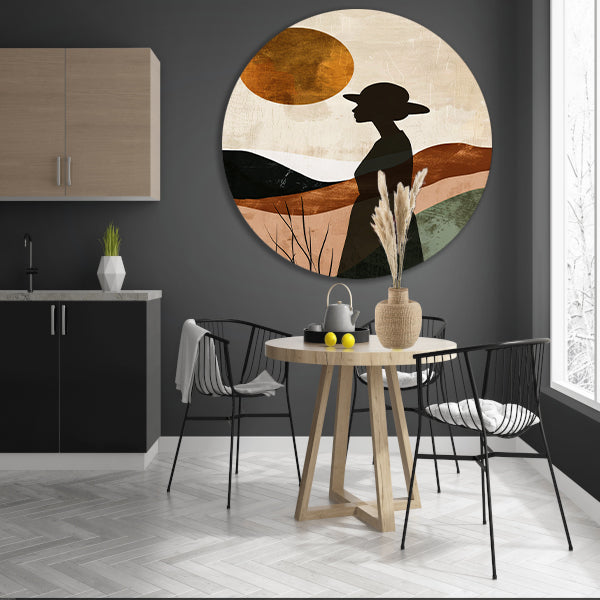 Vrouwelijk silhouet met abstracte natuur en warme kleuren aluminium muurcirkel