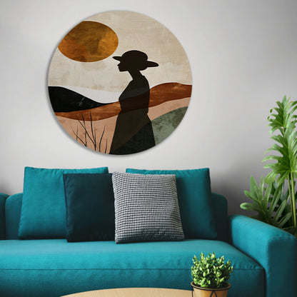 Vrouwelijk silhouet met abstracte natuur en warme kleuren aluminium muurcirkel