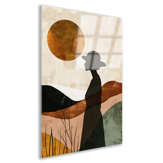 Vrouwelijk silhouet met abstracte natuur en warme kleuren acrylglas
