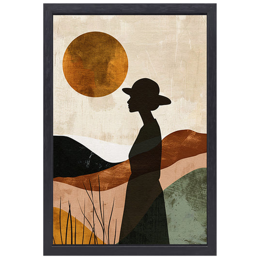 Vrouwelijk silhouet met abstracte natuur en warme kleuren canvas met baklijst