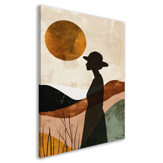 Vrouwelijk silhouet met abstracte natuur en warme kleuren canvas