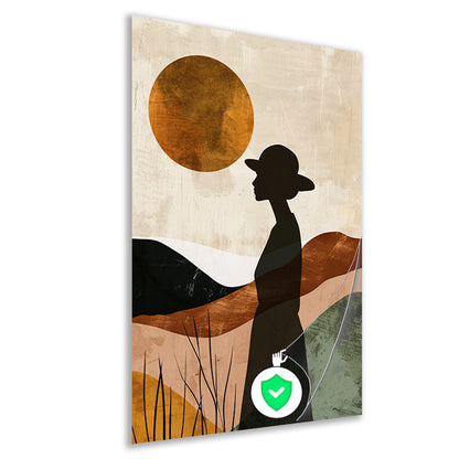 Vrouwelijk silhouet met abstracte natuur en warme kleuren poster